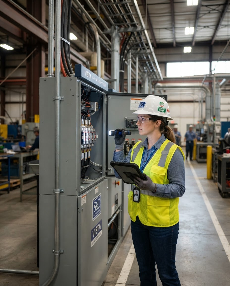 Engineer inspecting switchgear in a factory