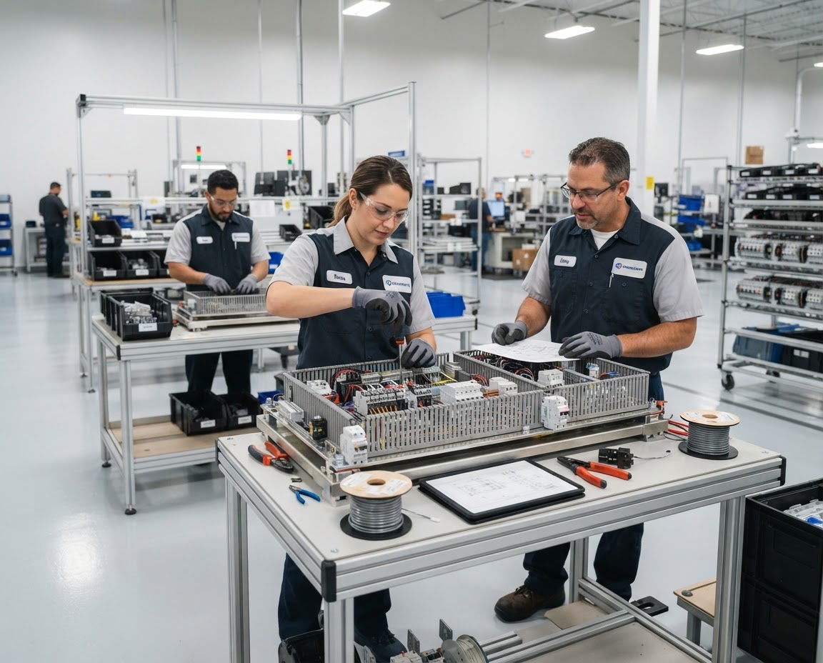 S&C technicians assembling switchgear on a manufacturing floor