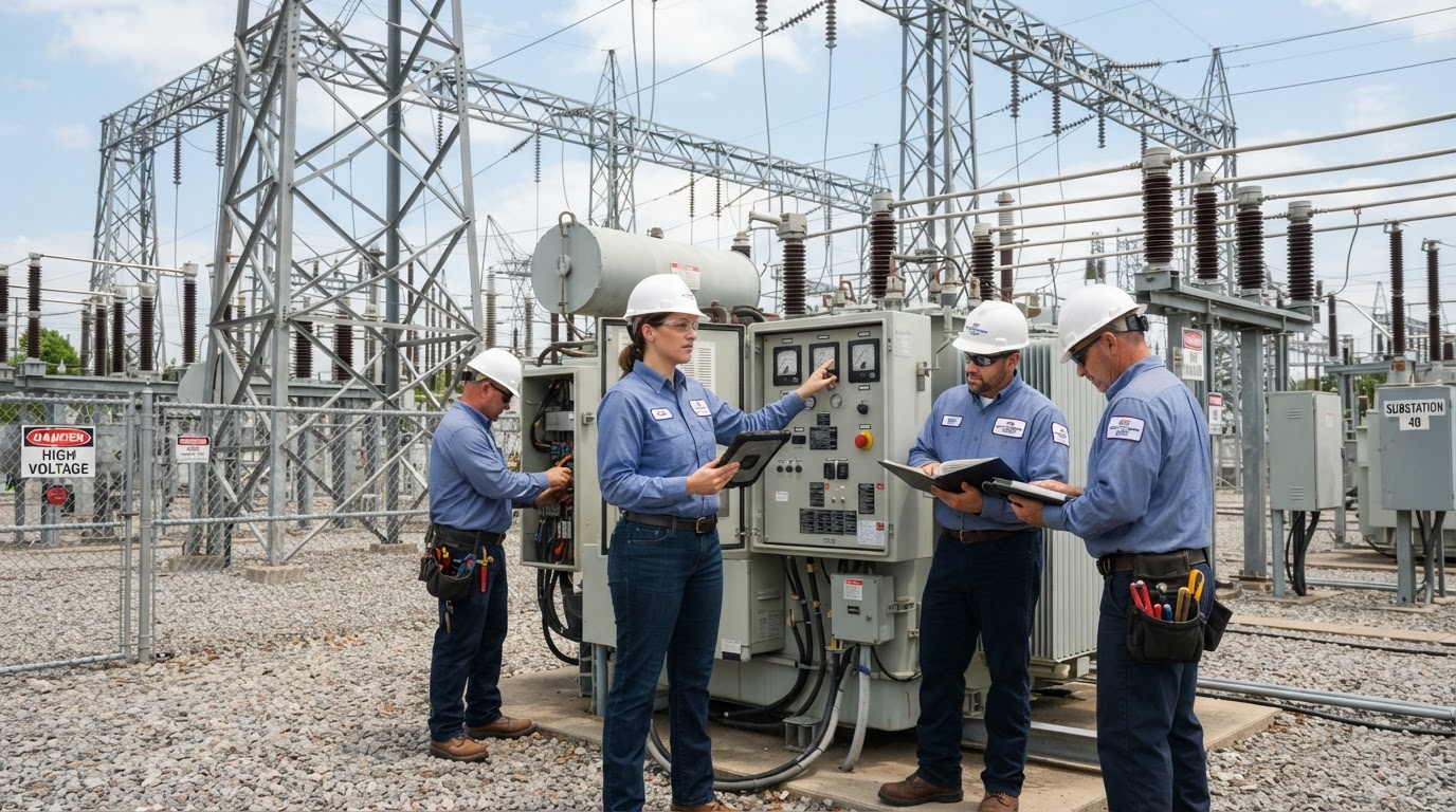 Field crew reviewing equipment at a substation