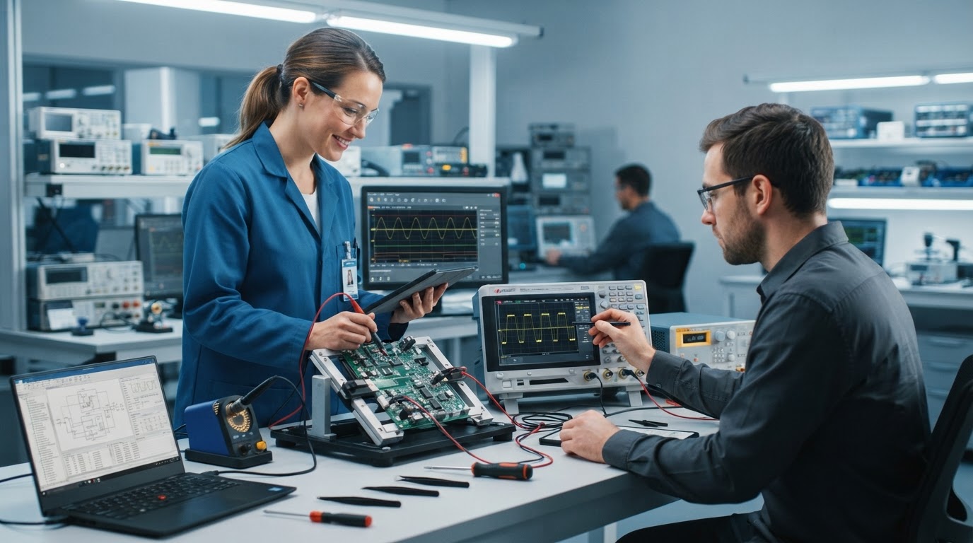 Engineers testing circuit boards in a lab