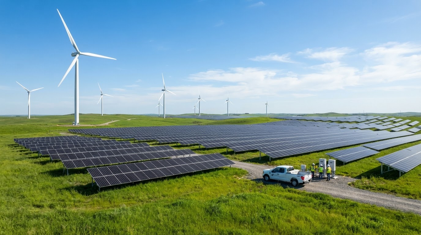 Solar farm with wind turbines on rolling hills